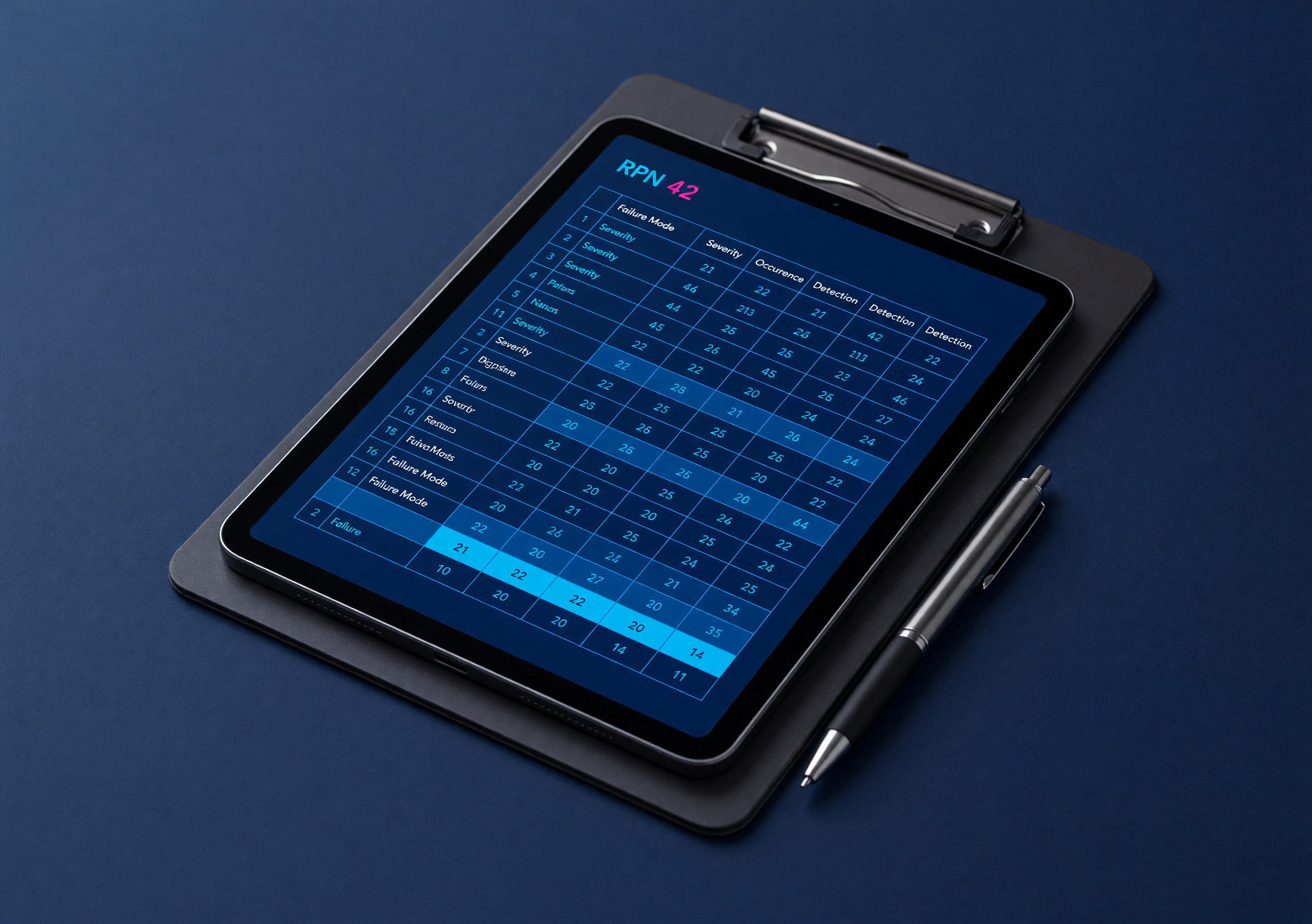 A glass tablet on a charcoal medical clipboard displaying an RPN-scored failure-mode worksheet
