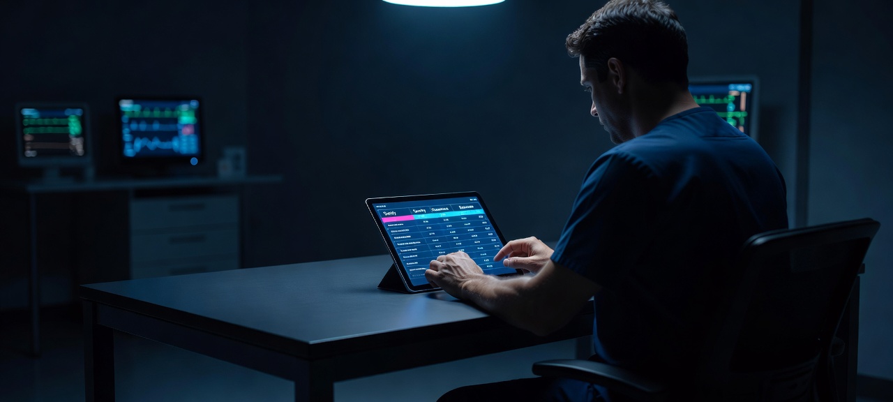 A physician's hands at a darkened hospital workstation, working with a glass tablet displaying a clinical AI risk-scoring worksheet