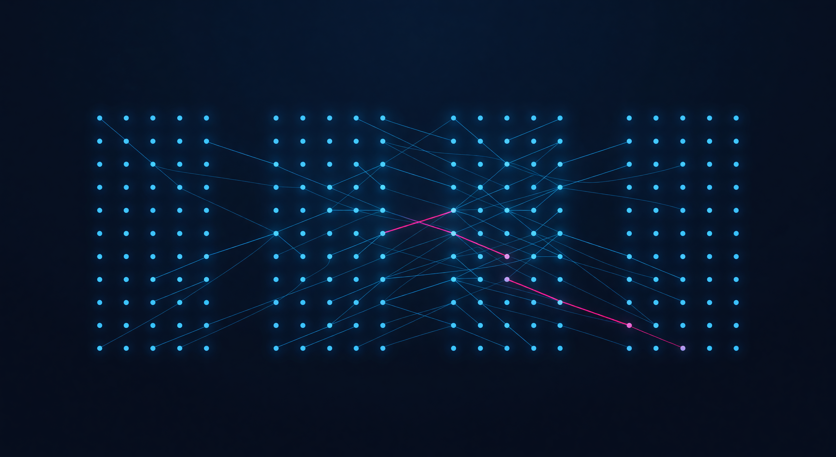 Layered cyan nodes connected by faint electric blue weight lines, depicting the perceptron architecture: input layer, hidden layer, weighted connections, and output layer