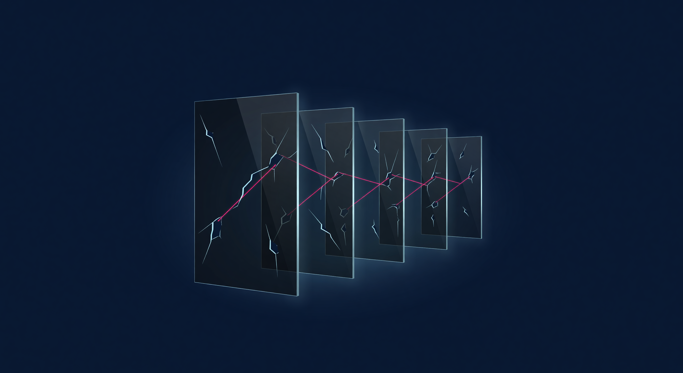 Five translucent glass panels arranged in perspective with a single failure trajectory threading the aligned gaps, illustrating Reason's Swiss cheese model adapted to AI deployment
