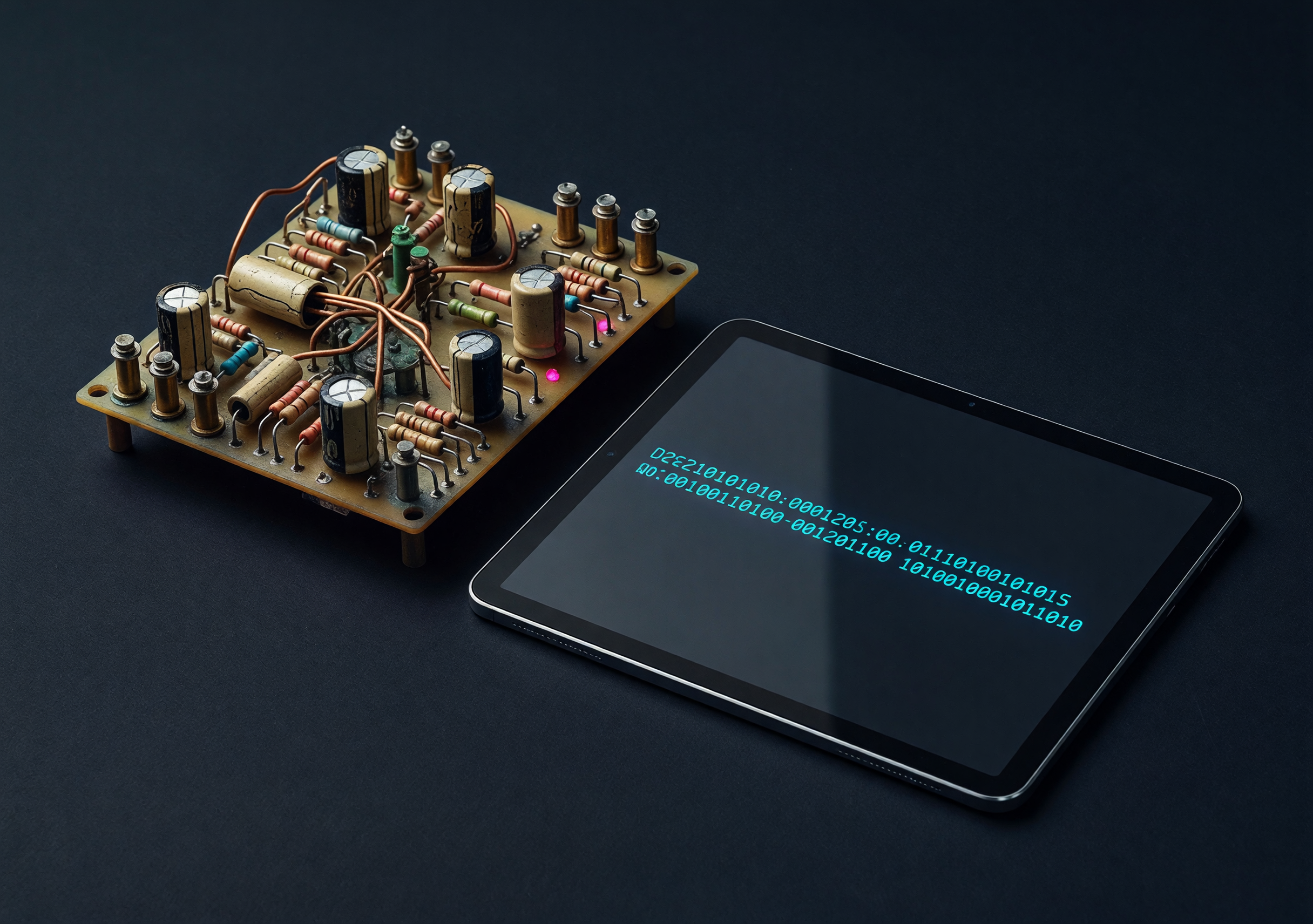 A vintage analog circuit board beside a modern dark glass tablet, expressing continuity between 1958 perceptron hardware and 2026 clinical AI