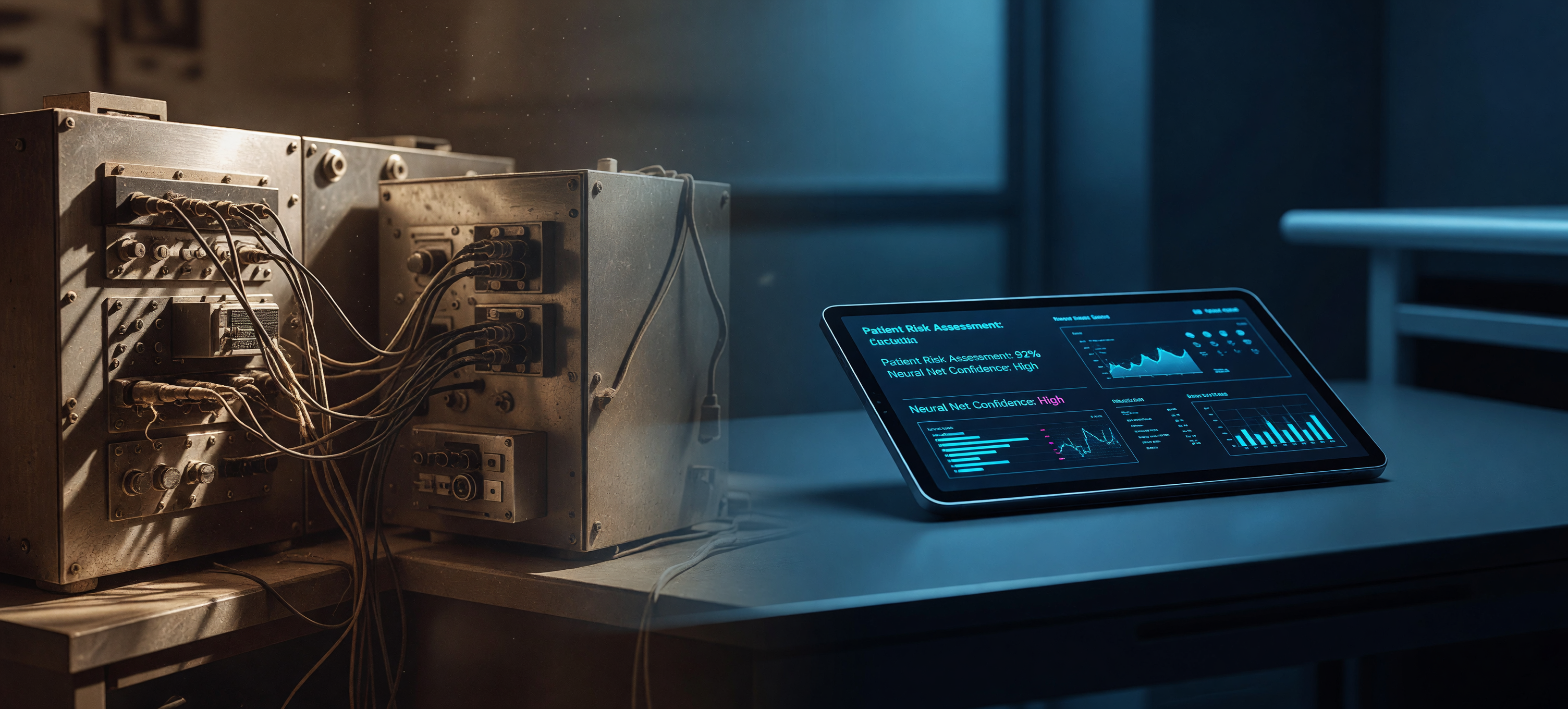 A 1958 perceptron's tangled cables dissolve into a darkened modern hospital workstation, expressing continuity between Rosenblatt's machine and contemporary clinical AI